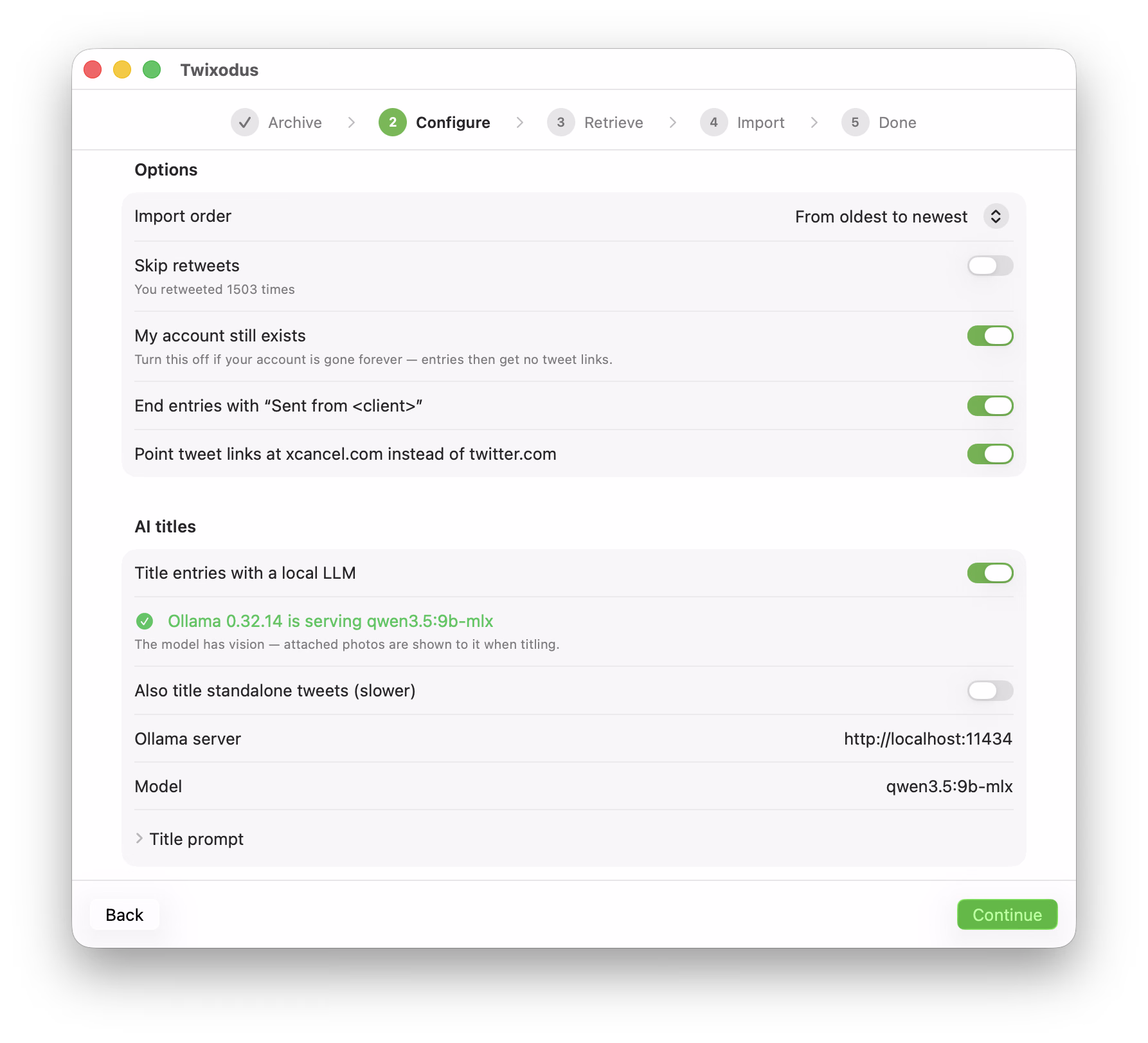 Twixodus configuration screen