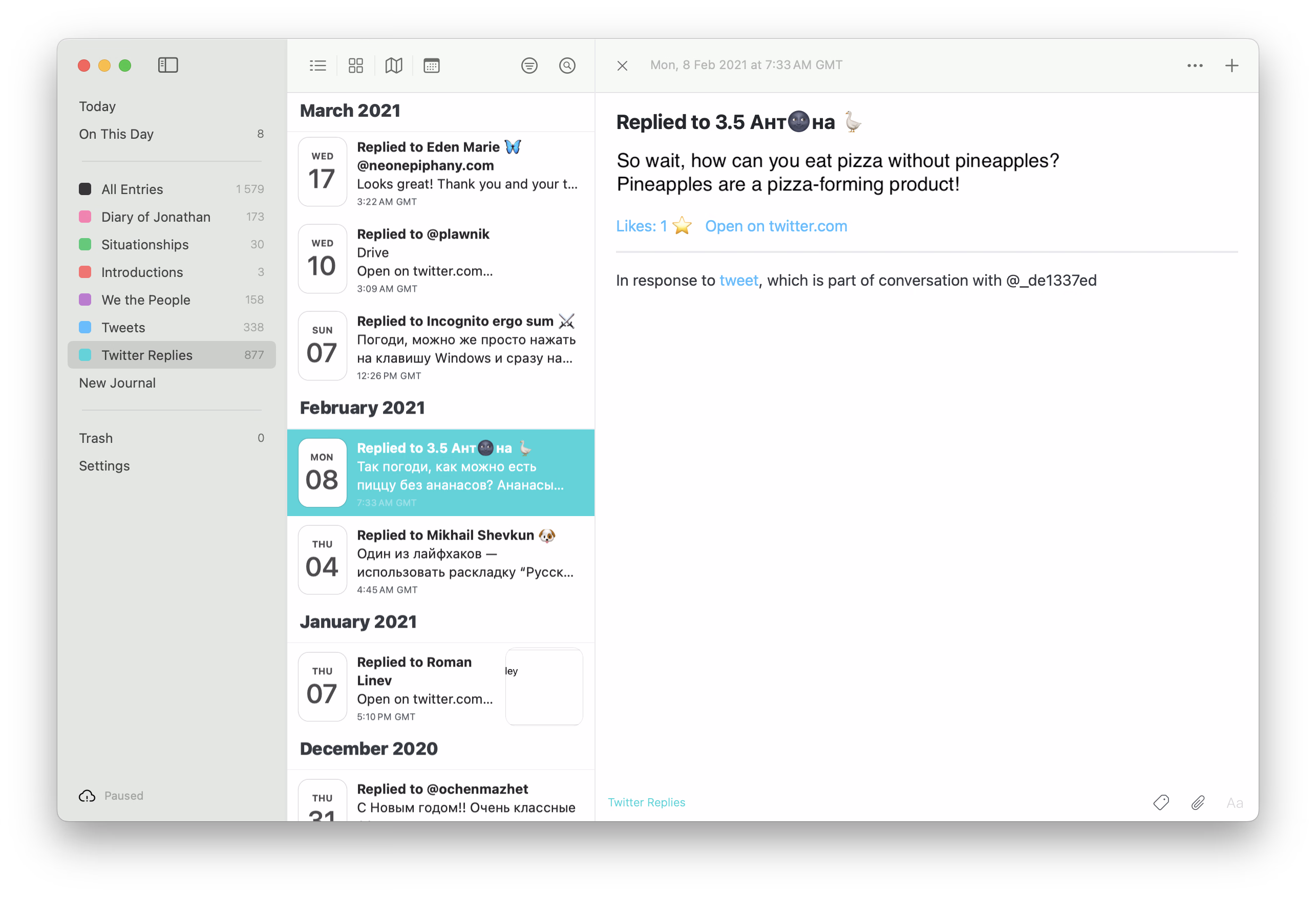 Twitter replies imported into Day One